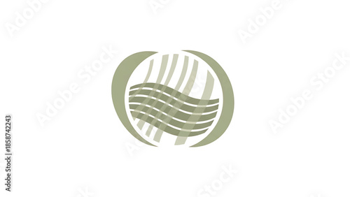 Abstract circular graphic with interwoven, wavy sage green lines and arcs on a clean white background