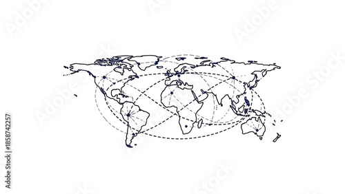 Abstract dark blue outline world map illustration with interconnected dashed lines and dots representing a global network