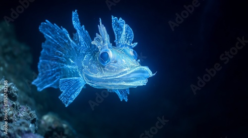 Bioluminescent deep sea fish glowing underwater with transparent fins and blue light, mysterious ocean creature in darkness