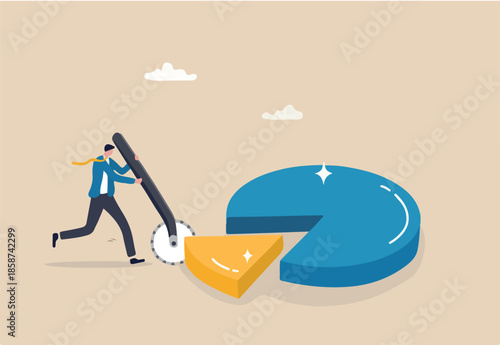 Market share revenue distribution or investment earning and profit pie chart, business competition percent diagram concept, businessman company owner cut out or split pie chart for his sharing part.