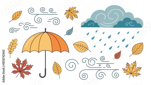 Autumn weather illustration with umbrella and falling leaves