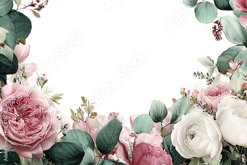 Elegant, chic, delicate watercolor wedding invitation background, full watercolor floral border of pink garden roses and greenery