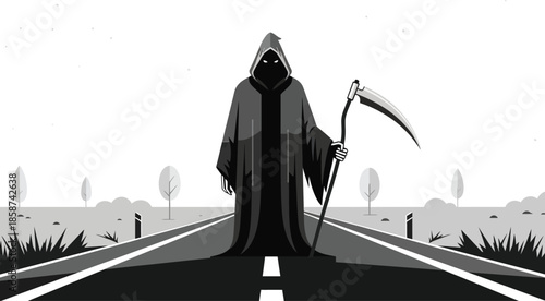 Grim reaper standing on deserted road with scythe in hand menacingly