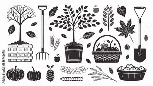 Harvest and gardening icons for agriculture and growth concepts