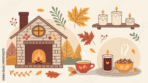 Cozy autumn scene with house, fireplace, and warm drinks