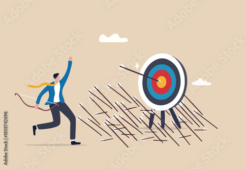 Practice develop success, effort to improve and achieve target, mistake, failure and discipline to keep practice and reach goal concept, businessman practicing archery with mistakes until success