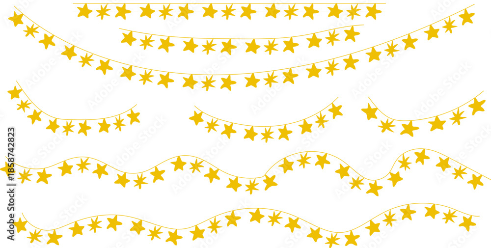 Fototapeta premium Golden star garland borders set with hanging decorative strings for festive designs vector