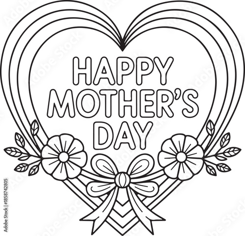 Decorative heart shape coloring page for mothers day featuring flowers and ribbon bow line art drawing for creative leisure time