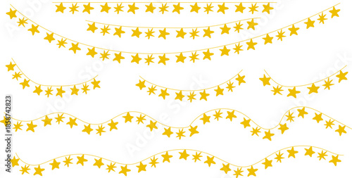 Golden star garland borders set with hanging decorative strings for festive designs vector