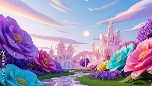 A serene fantasy landscape with a majestic castle surrounded by vibrant flowers and a meandering stream under a pastel sky