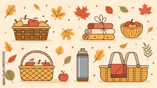 Autumn picnic setup with baskets, food, and drinks