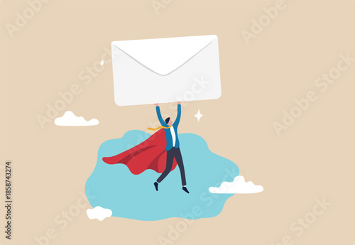 Email communication, marketing campaign from subscription, sending message or information concept, businessman superhero carrying big email envelope flying to recipient address.