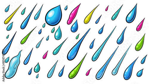 Vibrant raindrops falling from the sky in a colorful illustration