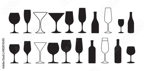 Alcohol Drink Glasses and Bottles Icon Set. Bar Glassware, wine, Beer, Cocktail Glasses and Bottles Icon. vector illustration eps 10