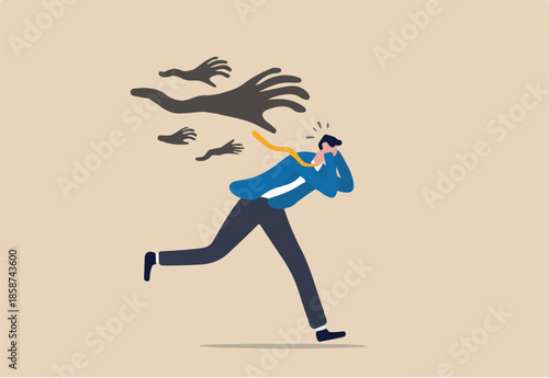Fear or struggle from business failure, anxiety, depression or panic attack, afraid or negative feeling, mental disorder concept, frightened businessman running away from creepy monster hand chasing.