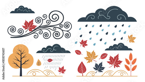 Autumn weather icons with rain and wind, colorful leaves falling