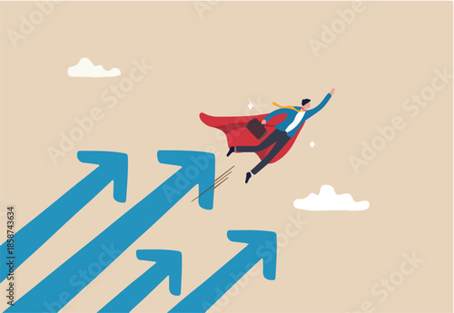 Growth for success, professional or expert to grow business, career development or leadership, winner motivation concept, businessman superhero flying high in the sky with growth rising up arrows