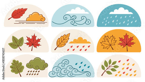 Colorful weather icons with leaves and clouds for autumn