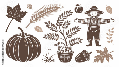 Autumn harvest symbols with scarecrow and pumpkins