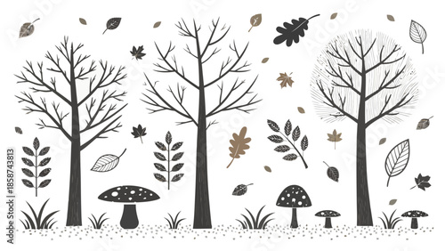 Autumn forest scene with bare trees and falling leaves
