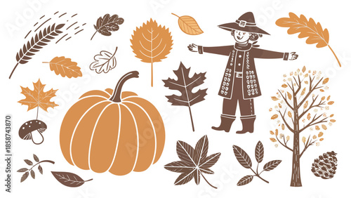Autumn harvest elements with scarecrow and pumpkin