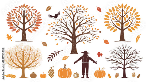 Autumn harvest scene with scarecrow trees pumpkins and leaves