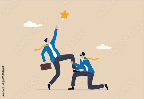 Reach for the star, teamwork or support to achieve business goal, partnership or manager mentorship to help success concept, businessman manager support colleague to stand on his knee to reach target