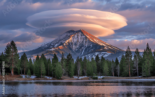 A beautiful mountain in a forest shaped as a volcano form clouds on the top of mountain