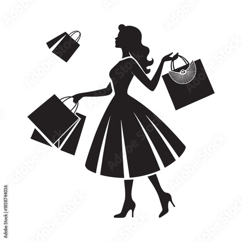 Elegant silhouette of a woman carrying shopping bags in a stylish pose