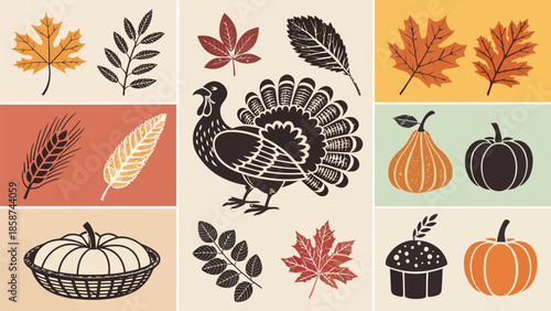 Vibrant Thanksgiving symbols and autumn leaves in colorful squares