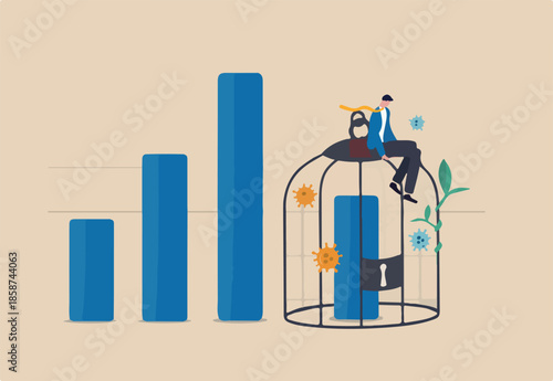 Economic impact by COVID-19 lockdown, GDP and company revenue decrease from global Coronavirus crash concept, sad businessman sitting on bird cage lock with decline bar graph inside and virus pathogen