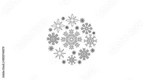 A circular arrangement of various black outline snowflakes and star shapes on a clean white background