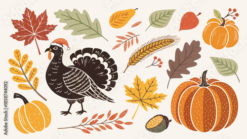 Vibrant Thanksgiving symbols with turkey in Santa hat
