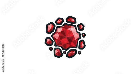 A vibrant red faceted gem cluster with dark outlines on a clean white background, showcasing abstract jewelry
