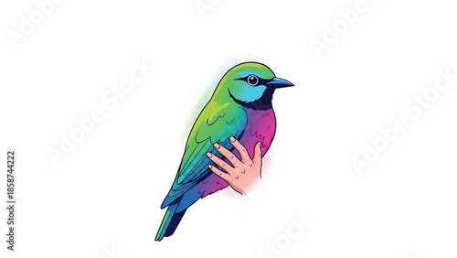 A vibrant, multicolored bird is gently cupped by a human hand, isolated on a white background
