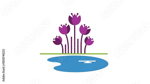 Abstract purple flowers growing from a green line above a blue pond, on a white background