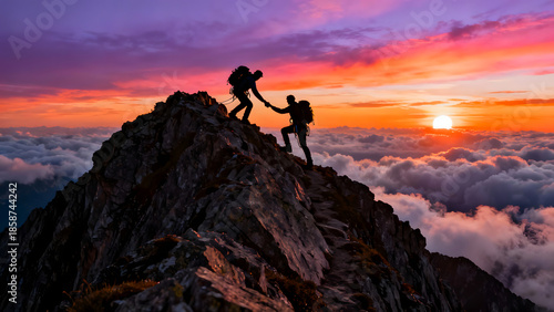 Two mountain climbers helping each other reaching summit at sunset above clouds silhouette of hikers at sunrise representing teamwork and partnership in challenging alpine environment adventure