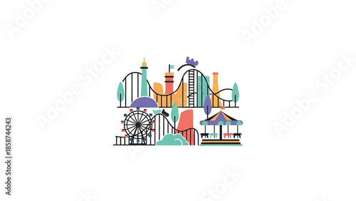 An amusement park scene with roller coasters, a Ferris wheel, and a carousel in a vibrant, minimal illustration
