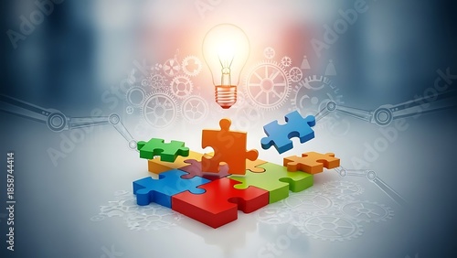 Assembling puzzle pieces with an illuminated light bulb above, symbolizing creativity and innovation