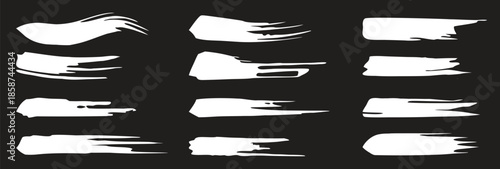 White grunge brush strokes on dark background create bold paint textures. Artistic ink swashes suit modern branding and graphic layouts. Ideal for posters, headers, and abstract designs.