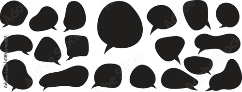 Abstract black speech bubble shapes set on white background. Creative dialogue and communication elements for messaging, chat, and conversation design. Minimal silhouette icons ideal for comics 