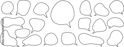 Hand-drawn speech bubble outlines in various shapes form a creative communication set. Minimal comic dialog balloons are ideal for messaging, comics, and infographics. Clean doodle line illustration 