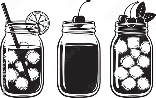 Three mason jars filled with refreshing cold beverages decorated with citrus slices and cherries vector