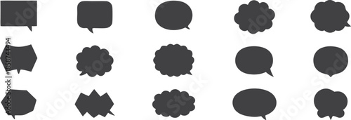 Abstract black speech bubble shapes set on white background. Creative dialogue and communication elements for messaging, chat, and conversation design. Minimal silhouette icons ideal for comics 