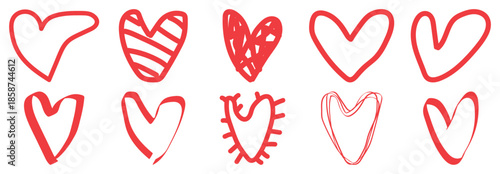 Hand drawn red doodle heart shapes set with playful sketch style for love designs vector
