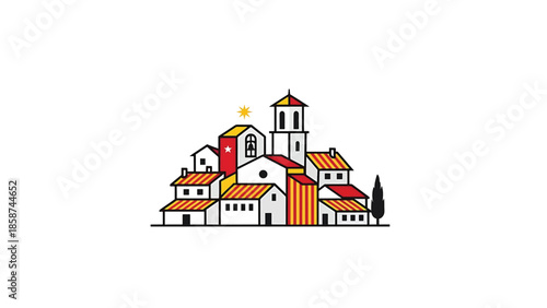 A colorful, stylized illustration of a charming Mediterranean village with homes, a church tower, and a cypress