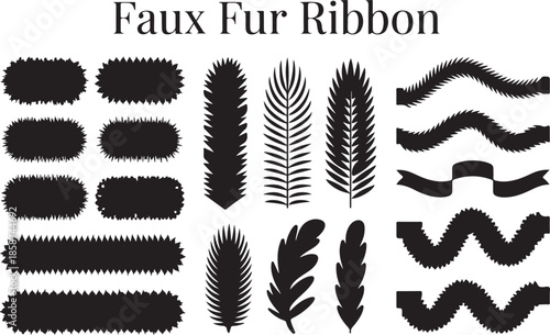 Faux fur ribbon elements and decorative borders with jagged edges and feather shapes isolated on transparent background
