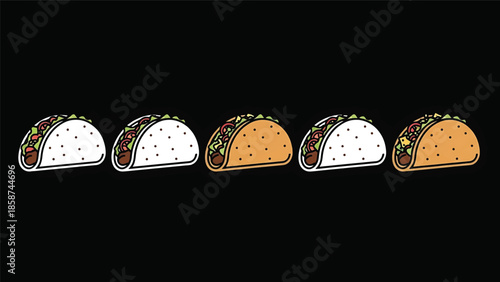 A row of five cartoon tacos with various fillings, featuring both hard and soft shells on black background