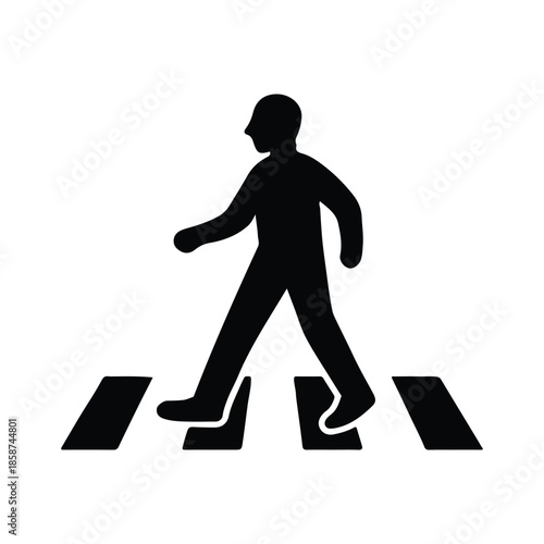 Minimalist Black Pedestrian Silhouette Walking on Zebra Crosswalk Icon for Traffic Safety, Urban Wayfinding, and Street Signage - Professional Vector Stock Image