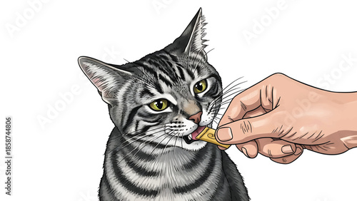 An illustrated gray tabby cat happily eats a yellow treat offered by a human hand, isolated on white